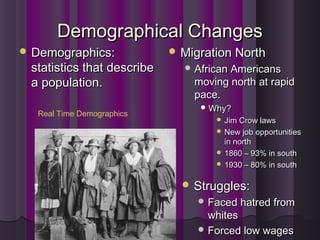 Demographical ChangesDemographical Changes
 Demographics:Demographics:
statistics that describestatistics that describe
a population.a population.
Real Time Demographics
 Migration NorthMigration North
 African AmericansAfrican Americans
moving north at rapidmoving north at rapid
pace.pace.
 Why?Why?
 Jim Crow lawsJim Crow laws
 New job opportunitiesNew job opportunities
in northin north
 1860 – 93% in south1860 – 93% in south
 1930 – 80% in south1930 – 80% in south
 Struggles:Struggles:
 Faced hatred fromFaced hatred from
whiteswhites
 Forced low wagesForced low wages
 