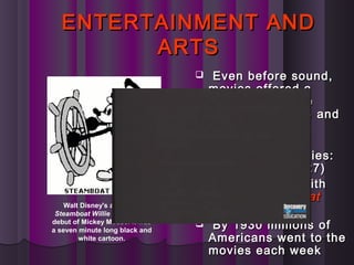 ENTERTAINMENT ANDENTERTAINMENT AND
ARTSARTS
 Even before sound,Even before sound,
movies offered amovies offered a
means of escapemeans of escape
through romance andthrough romance and
comedycomedy
 ie. talkiesie. talkies
 First sound movies:First sound movies:
Jazz SingerJazz Singer (1927)(1927)
 First animated withFirst animated with
sound:sound: SteamboatSteamboat
WillieWillie (1928)(1928)
 By 1930By 1930 millions ofmillions of
Americans went to theAmericans went to the
movies each weekmovies each week
Walt Disney's animated
Steamboat Willie marked the
debut of Mickey Mouse. It was
a seven minute long black and
white cartoon.
 