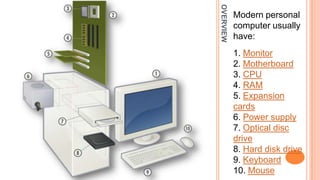 OVERVIEW
Modern personal
computer usually
have:
1. Monitor
2. Motherboard
3. CPU
4. RAM
5. Expansion
cards
6. Power supply
7. Optical disc
drive
8. Hard disk drive
9. Keyboard
10. Mouse
 