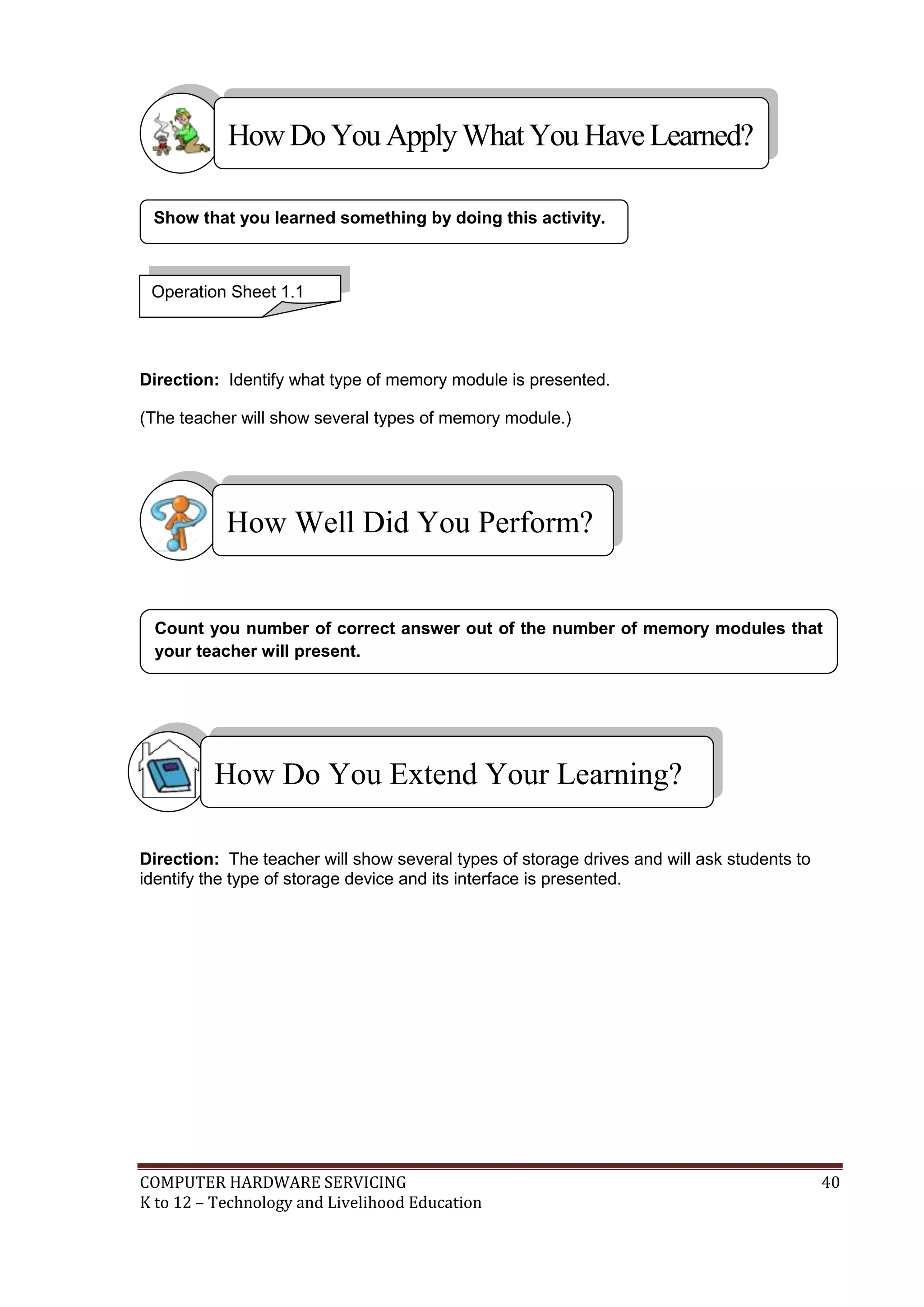 COMPUTER HARDWARE SERVICING 40
K to 12 – Technology and Livelihood Education
Direction: Identify what type of memory module is presented.
(The teacher will show several types of memory module.)
Direction: The teacher will show several types of storage drives and will ask students to
identify the type of storage device and its interface is presented.
Count you number of correct answer out of the number of memory modules that
your teacher will present.
Show that you learned something by doing this activity.
How Well Did You Perform?
HowDo YouApplyWhatYou HaveLearned?
Operation Sheet 1.1
How Do You Extend Your Learning?
 