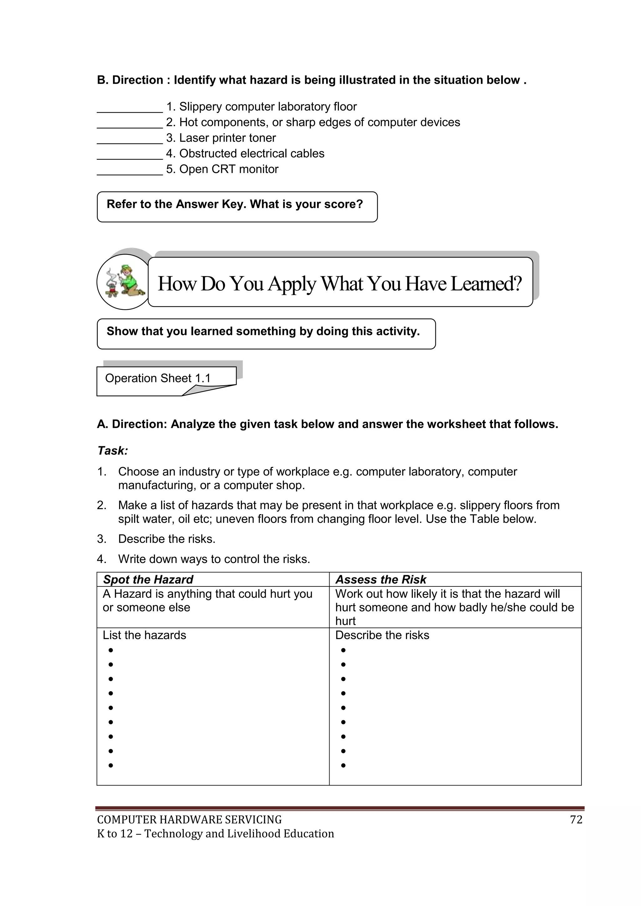 COMPUTER HARDWARE SERVICING 72
K to 12 – Technology and Livelihood Education
B. Direction : Identify what hazard is being illustrated in the situation below .
__________ 1. Slippery computer laboratory floor
__________ 2. Hot components, or sharp edges of computer devices
__________ 3. Laser printer toner
__________ 4. Obstructed electrical cables
__________ 5. Open CRT monitor
A. Direction: Analyze the given task below and answer the worksheet that follows.
Task:
1. Choose an industry or type of workplace e.g. computer laboratory, computer
manufacturing, or a computer shop.
2. Make a list of hazards that may be present in that workplace e.g. slippery floors from
spilt water, oil etc; uneven floors from changing floor level. Use the Table below.
3. Describe the risks.
4. Write down ways to control the risks.
Spot the Hazard Assess the Risk
A Hazard is anything that could hurt you
or someone else
Work out how likely it is that the hazard will
hurt someone and how badly he/she could be
hurt
List the hazards









Describe the risks









Refer to the Answer Key. What is your score?
Show that you learned something by doing this activity.
Operation Sheet 1.1
HowDo YouApplyWhatYou HaveLearned?
 