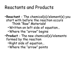 Reactants and Products
•Reactant - The chemical(s)/element(s) you
start with before the reaction occurs
Think “Raw” Materials!
•Written on left side of equation…
•Where the “arrow” begins
•Product - The new chemical(s)/elements
formed by the reaction
•Right side of equation…
•Where the “arrow” points
 