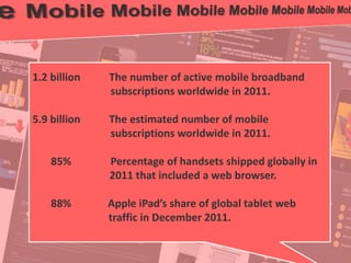 25
© PROJECT CONSULT Unternehmensberatung Dr. Ulrich Kampffmeyer GmbH 2011 / Autorenrecht: <Vorname Nachname> Jan-18 / Quelle: PROJECT CONSULT 2
Aktuelle Trends im Enterprise Information Management Update-Tage EIM 2012Dr. Ulrich Kampffmeyer
Quelle: Pingdom: Internet 2011 in numbers
1.2 billion The number of active mobile broadband
subscriptions worldwide in 2011.
5.9 billion The estimated number of mobile
subscriptions worldwide in 2011.
85% Percentage of handsets shipped globally in
2011 that included a web browser.
88% Apple iPad’s share of global tablet web
traffic in December 2011.
 