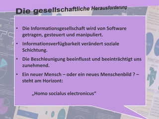 72
© PROJECT CONSULT Unternehmensberatung Dr. Ulrich Kampffmeyer GmbH 2011 / Autorenrecht: <Vorname Nachname> Jan-18 / Quelle: PROJECT CONSULT 2
Aktuelle Trends im Enterprise Information Management Update-Tage EIM 2012Dr. Ulrich Kampffmeyer
• Die Informationsgesellschaft wird von Software
getragen, gesteuert und manipuliert.
• Informationsverfügbarkeit verändert soziale
Schichtung.
• Die Beschleunigung beeinflusst und beeinträchtigt uns
zunehmend.
• Ein neuer Mensch – oder ein neues Menschenbild ? –
steht am Horizont:
„Homo socialus electronicus“
 