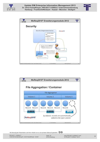 Update EIM Enterprise Information Management 2013
                         Dr. Ulrich Kampffmeyer, PROJECT CONSULT Unternehmensberatung
                             Hamburg – Frankfurt/Offenbach – Kassel – München - Stuttgart




                                                        MoReq2010® Erweiterungsmodule 2012
                                                          © PROJECT CONSULT Unternehmensberatung Dr. Ulrich Kampffmeyer GmbH 2011   / Autorenrecht: <Vorname Nachname> Jan-13 / Quelle: PROJECT CONSULT 2




                                     Security




                   Aktuelles zum Informationsmanagement: Themen, Trends, Standards und Recht                                              Dr. Ulrich Kampffmeyer                                            Update-Tage EIM 2013   55




                                                        MoReq2010® Erweiterungsmodule 2012
                                                          © PROJECT CONSULT Unternehmensberatung Dr. Ulrich Kampffmeyer GmbH 2011   / Autorenrecht: <Vorname Nachname> Jan-13 / Quelle: PROJECT CONSULT 2




                                     File Aggregation / Container




                   Aktuelles zum Informationsmanagement: Themen, Trends, Standards und Recht                                              Dr. Ulrich Kampffmeyer                                            Update-Tage EIM 2013   56




Die Nutzung der Präsentation und ihrer Inhalte ist nur zum privaten Gebrauch gestattet 

PROJECT CONSULT                                                                                                           Isestr. 63                                                                        www.PROJECT-CONSULT.com     28
Unternehmensberatung Dr. Ulrich Kampffmeyer GmbH                                                                          20149 Hamburg                                                                     © PROJECT CONSULT 2013
 