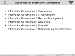 172
© PROJECT CONSULT Unternehmensberatung Dr. Ulrich Kampffmeyer GmbH 2011 / Autorenrecht: <Vorname Nachname> Jan-18 / Quelle: PROJECT CONSULT 2
Aktuelles zum Informationsmanagement: Themen, Trends, Standards und Recht Update-Tage EIM 2013Dr. Ulrich Kampffmeyer
Mengenlehre: Information Governance
• Information Governance Governance
• Information Governance IT Governance
• Information Governance Records Management
• Information Governance Steuerung
• Information Governance Kontrolle
• Information Governance = Beherrschung der Information
Quelle: http://de.wikipedia.org/wiki/Medizinproduktegesetz
 