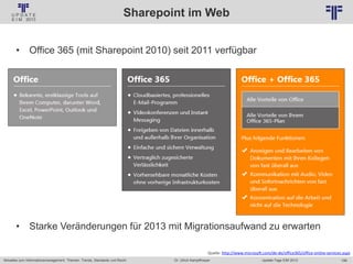199
© PROJECT CONSULT Unternehmensberatung Dr. Ulrich Kampffmeyer GmbH 2011 / Autorenrecht: <Vorname Nachname> Jan-18 / Quelle: PROJECT CONSULT 2
Aktuelles zum Informationsmanagement: Themen, Trends, Standards und Recht Update-Tage EIM 2013Dr. Ulrich Kampffmeyer
Sharepoint im Web
• Office 365 (mit Sharepoint 2010) seit 2011 verfügbar
• Starke Veränderungen für 2013 mit Migrationsaufwand zu erwarten
Quelle: http://www.microsoft.com/de-de/office365/office-online-services.aspx
 