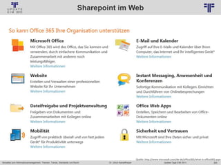 200
© PROJECT CONSULT Unternehmensberatung Dr. Ulrich Kampffmeyer GmbH 2011 / Autorenrecht: <Vorname Nachname> Jan-18 / Quelle: PROJECT CONSULT 6
Aktuelles zum Informationsmanagement: Themen, Trends, Standards und Recht Update-Tage EIM 2013Dr. Ulrich Kampffmeyer
Sharepoint im Web
Quelle: http://www.microsoft.com/de-de/office365/what-is-office365.aspx
 