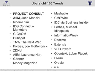 220
© PROJECT CONSULT Unternehmensberatung Dr. Ulrich Kampffmeyer GmbH 2011 / Autorenrecht: <Vorname Nachname> Jan-18 / Quelle: PROJECT CONSULT 2
Aktuelles zum Informationsmanagement: Themen, Trends, Standards und Recht Update-Tage EIM 2013Dr. Ulrich Kampffmeyer
Übersicht 160 Trends
• PROJECT CONSULT
• AIIM, John Mancini
• bloomThink
• IDG Connect –
Marketers
• GIGAOM
• Hubspot
• TNW The Next Web
• Forbes, Joe McKendrick
• ZDNet
• AIIM, Laurence Hart
• Gartner
• Money Magazine
• Mashable
• CMSWire
• IDC via Business Insider
• Forbes, Michael
Idinopulos
• InformationWeek
• Doctime
• Extensis
• VDD Iqware
• Opentext, Lubor Ptacek
• Ovum
• Oracle
• u.a.
 
