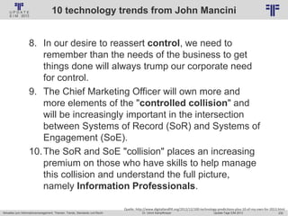 230
© PROJECT CONSULT Unternehmensberatung Dr. Ulrich Kampffmeyer GmbH 2011 / Autorenrecht: <Vorname Nachname> Jan-18 / Quelle: PROJECT CONSULT 2
Aktuelles zum Informationsmanagement: Themen, Trends, Standards und Recht Update-Tage EIM 2013Dr. Ulrich Kampffmeyer
10 technology trends from John Mancini
8. In our desire to reassert control, we need to
remember than the needs of the business to get
things done will always trump our corporate need
for control.
9. The Chief Marketing Officer will own more and
more elements of the "controlled collision" and
will be increasingly important in the intersection
between Systems of Record (SoR) and Systems of
Engagement (SoE).
10.The SoR and SoE "collision" places an increasing
premium on those who have skills to help manage
this collision and understand the full picture,
namely Information Professionals.
Quelle: http://www.digitallandfill.org/2012/12/100-technology-predictions-plus-10-of-my-own-for-2013.html
 