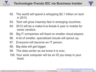 248
© PROJECT CONSULT Unternehmensberatung Dr. Ulrich Kampffmeyer GmbH 2011 / Autorenrecht: <Vorname Nachname> Jan-18 / Quelle: PROJECT CONSULT 2
Aktuelles zum Informationsmanagement: Themen, Trends, Standards und Recht Update-Tage EIM 2013Dr. Ulrich Kampffmeyer
Technologie-Trends IDC via Business Insider
92. The world will spend a whopping $2.1 trillion on tech
in 2013.
93. Tech will grow insanely fast in emerging countries.
94. 2013 will be a make-it-or-break-it year in mobile for
some vendors.
95. Big IT companies will feast on smaller cloud players.
96. A lot of smaller, specialized clouds will sprout up.
97. Everyone will become an IT person.
98. Big data will get bigger.
99. The data center as we know it is over.
100. Your work computer will be an ID you keep in your
head.
Quelle: 9 Tech Trends That Will Make Someone Billions Of Dollars Next Year
 