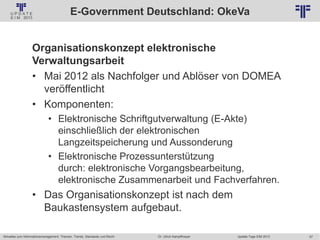 57
© PROJECT CONSULT Unternehmensberatung Dr. Ulrich Kampffmeyer GmbH 2011 / Autorenrecht: <Vorname Nachname> Jan-18 / Quelle: PROJECT CONSULT 2
Aktuelles zum Informationsmanagement: Themen, Trends, Standards und Recht Update-Tage EIM 2013Dr. Ulrich Kampffmeyer
E-Government Deutschland: OkeVa
Organisationskonzept elektronische
Verwaltungsarbeit
• Mai 2012 als Nachfolger und Ablöser von DOMEA
veröffentlicht
• Komponenten:
• Elektronische Schriftgutverwaltung (E-Akte)
einschließlich der elektronischen
Langzeitspeicherung und Aussonderung
• Elektronische Prozessunterstützung
durch: elektronische Vorgangsbearbeitung,
elektronische Zusammenarbeit und Fachverfahren.
• Das Organisationskonzept ist nach dem
Baukastensystem aufgebaut.
 