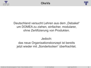 59
© PROJECT CONSULT Unternehmensberatung Dr. Ulrich Kampffmeyer GmbH 2011 / Autorenrecht: <Vorname Nachname> Jan-18 / Quelle: PROJECT CONSULT 2
Aktuelles zum Informationsmanagement: Themen, Trends, Standards und Recht Update-Tage EIM 2013Dr. Ulrich Kampffmeyer
OkeVa
Deutschland versucht Lehren aus dem „Debakel“
um DOMEA zu ziehen, einfacher, modularer,
ohne Zertifizierung von Produkten.
Jedoch:
das neue Organisationskonzept ist bereits
jetzt wieder mit „Sonderlocken“ überfrachtet.
 