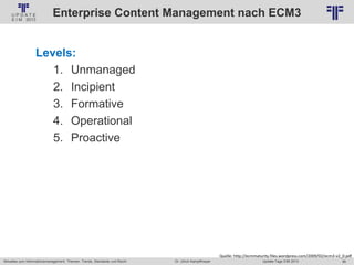 96
© PROJECT CONSULT Unternehmensberatung Dr. Ulrich Kampffmeyer GmbH 2011 / Autorenrecht: <Vorname Nachname> Jan-18 / Quelle: PROJECT CONSULT 2
Aktuelles zum Informationsmanagement: Themen, Trends, Standards und Recht Update-Tage EIM 2013Dr. Ulrich Kampffmeyer
Enterprise Content Management nach ECM3
Levels:
1. Unmanaged
2. Incipient
3. Formative
4. Operational
5. Proactive
Quelle: http://ecmmaturity.files.wordpress.com/2009/02/ecm3-v2_0.pdf
 