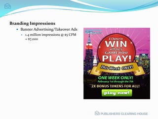 100,000 unique impressions @ $20 CPM = $2,000Branding ImpressionsBanner Advertising/Takeover Ads1.4 million impressions @ $5 CPM = $7,000Homepage: Today’s Features1 million impressions @ $10 CPM = $10,000PCHplay&win email 2 million emails delivered @ $10 CPM = $20,000Examples to follow . . .