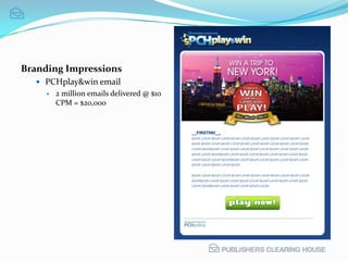 1 million impressions @ $10 CPM = $10,000Branding ImpressionsPCHplay&win email 