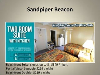 Sandpiper Beacon




Beachfront Suite- sleeps up to 8 $349 / night
Partial View- 6 people $269 a night
Beachfront Double- $219 a night
 