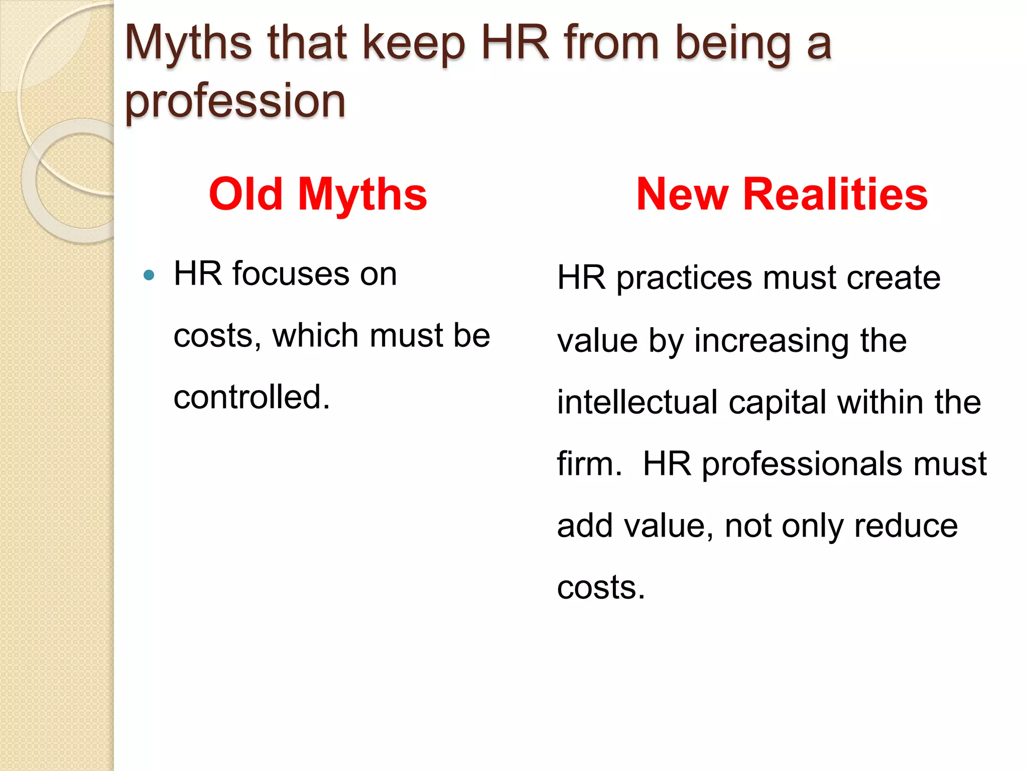 Old Myths
 HR focuses on
costs, which must be
controlled.
New Realities
HR practices must create
value by increasing the
intellectual capital within the
firm. HR professionals must
add value, not only reduce
costs.
Myths that keep HR from being a
profession
 