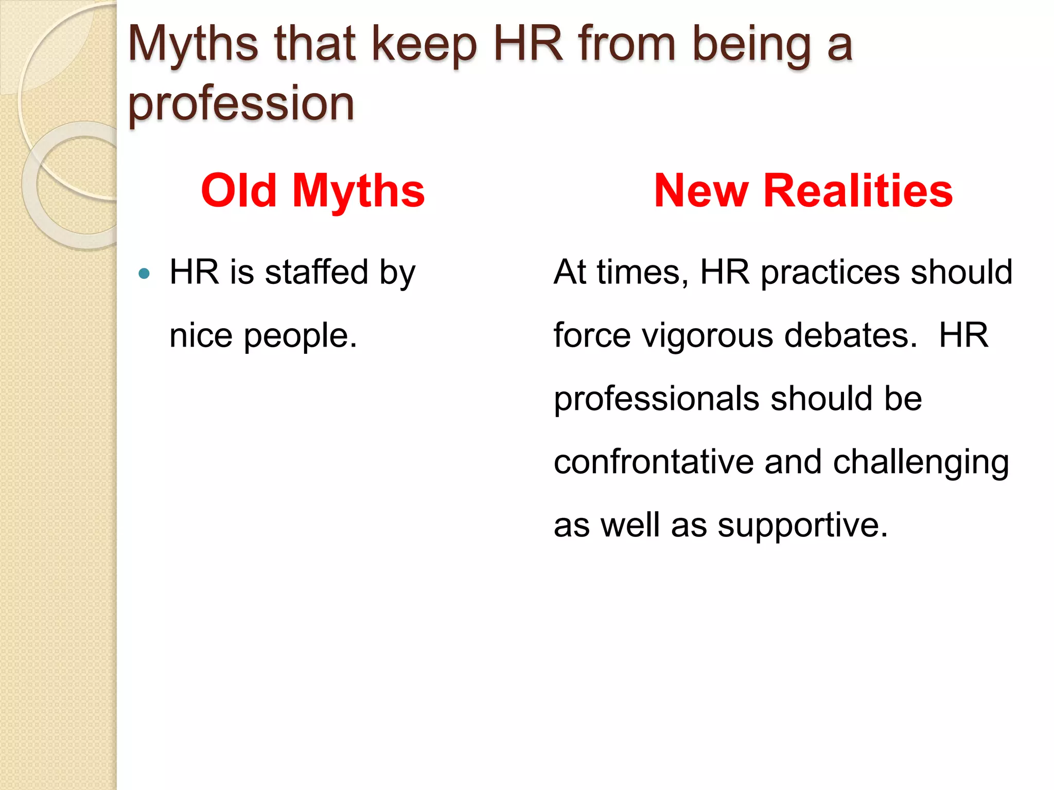 Old Myths
 HR is staffed by
nice people.
New Realities
At times, HR practices should
force vigorous debates. HR
professionals should be
confrontative and challenging
as well as supportive.
Myths that keep HR from being a
profession
 