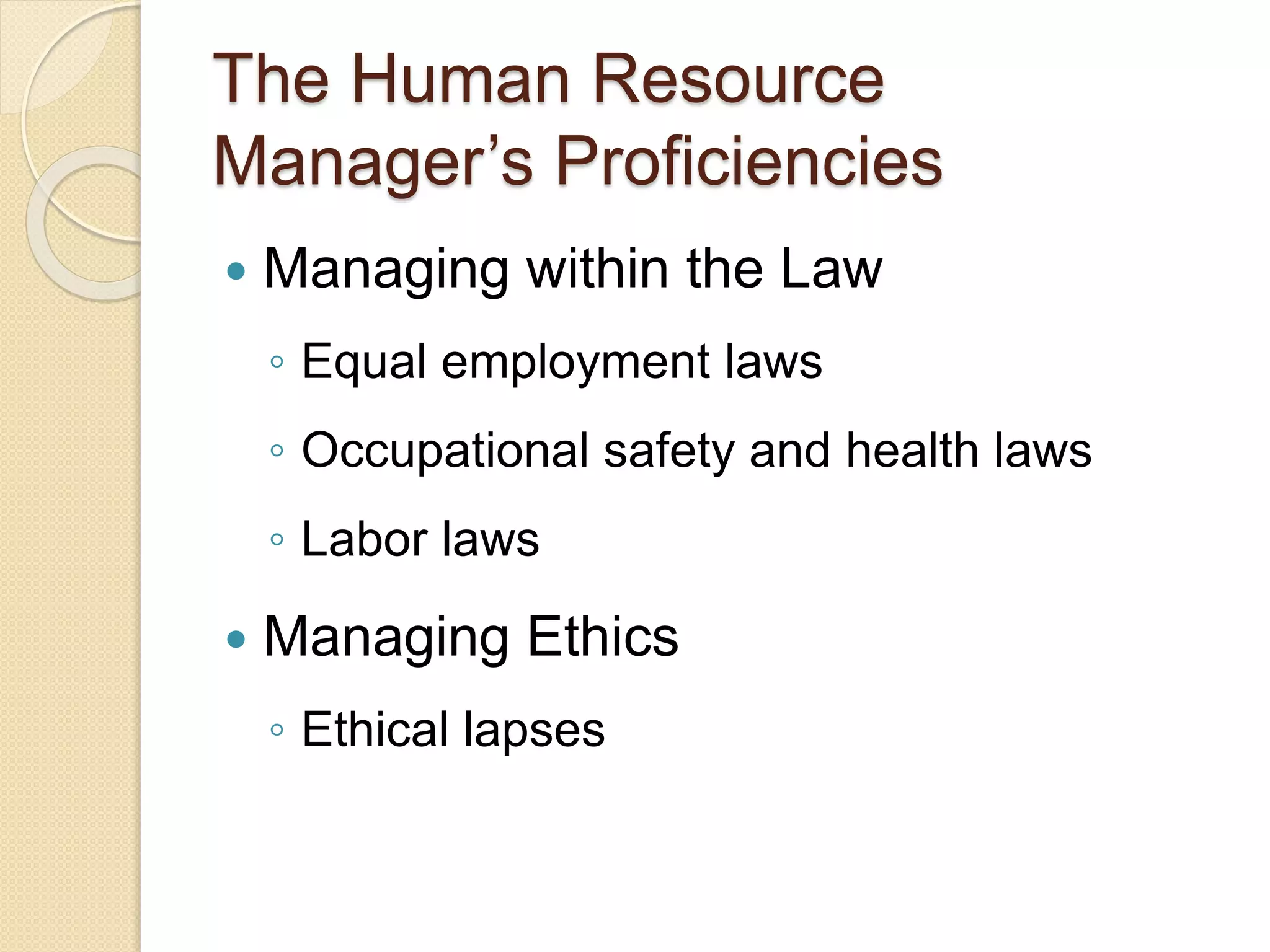 The Human Resource
Manager’s Proficiencies
 Managing within the Law
◦ Equal employment laws
◦ Occupational safety and health laws
◦ Labor laws
 Managing Ethics
◦ Ethical lapses
 