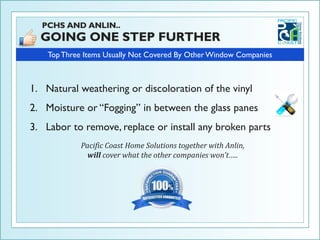 Top Three Items Usually Not Covered By Other Window Companies



1. Natural weathering or discoloration of the vinyl
2. Moisture or “Fogging” in between the glass panes
3. Labor to remove, replace or install any broken parts
             Pacific Coast Home Solutions together with Anlin,
               will cover what the other companies won’t…..
 