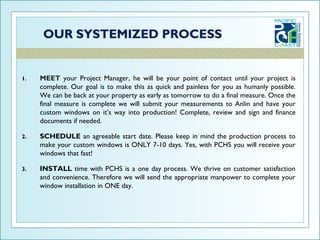 1.   MEET your Project Manager, he will be your point of contact until your project is
     complete. Our goal is to make this as quick and painless for you as humanly possible.
     We can be back at your property as early as tomorrow to do a final measure. Once the
     final measure is complete we will submit your measurements to Anlin and have your
     custom windows on it’s way into production! Complete, review and sign and finance
     documents if needed.

2.   SCHEDULE an agreeable start date. Please keep in mind the production process to
     make your custom windows is ONLY 7-10 days. Yes, with PCHS you will receive your
     windows that fast!

3.   INSTALL time with PCHS is a one day process. We thrive on customer satisfaction
     and convenience. Therefore we will send the appropriate manpower to complete your
     window installation in ONE day.
 