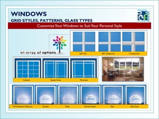 Customize Your Windows to Suit Your Personal Style




                                                           5/8” Flat           5/8” Sculptured   1”Sculptured




          Colonial                    Queen Anne           Perimeter




P516 Standard Obscure      Spralite                Delta         Narrow Reed             Rain     Glue Chip
 
