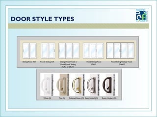 Sliding/Fixed XO   Fixed/ Sliding OX    Sliding/Fixed/Fixed or          Fixed/Sliding/Fixed             Fixed/Sliding/Sliding/ Fixed
                                        Fixed/Fixed/ Sliding                  OXO                                  OXXO
                                          XOO or OOX




                      White (S)        Tan (S)     Polished Brass (O) Satin Nickel (O)        Rustic Umber (O)
 