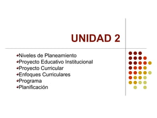 UNIDAD 2
Niveles de Planeamiento
Proyecto Educativo Institucional
Proyecto Curricular
Enfoques Curriculares
Programa
Planificación
 