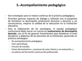 5.-Acompañamiento pedagógico
- Son estrategias para la mejora continua de la práctica pedagógica;
- Permiten generar espacios de diálogo y reflexión con el propósito
de fortalecer el desempeño profesional directivo y docente y, en
consecuencia, mejorar la calidad de la educación en la institución
educativa.
- Para la elaboración de las estrategias, el equipo pedagógico
institucional debe tomar en cuenta las evaluaciones de desempeño
docente, con el fin de generar lineamientos para fortalecer el nivel
disciplinar y didáctico de los docentes de la institución, poniendo en
práctica estrategias:
- De acompañamiento pedagógico,
- Inter aprendizaje,
- Círculos de estudio,
- Clases demostrativas y procesos de auto, hetero y co-evaluación, y
- Los planes de formación continua del profesorado.
 