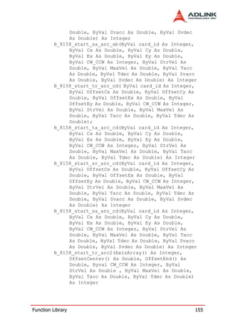 Double, ByVal Svacc As Double, ByVal Svdec
              As Double) As Integer
         B_8158_start_sa_arc_ab(ByVal card_id As Integer,
              ByVal Cx As Double, ByVal Cy As Double,
              ByVal Ex As Double, ByVal Ey As Double,
              ByVal CW_CCW As Integer, ByVal StrVel As
              Double, ByVal MaxVel As Double, ByVal Tacc
              As Double, ByVal Tdec As Double, ByVal Svacc
              As Double, ByVal Svdec As Double) As Integer
         B_8158_start_tr_arc_cd( ByVal card_id As Integer,
              ByVal OffsetCx As Double, ByVal OffsetCy As
              Double, ByVal OffsetEx As Double, ByVal
              OffsetEy As Double, ByVal CW_CCW As Integer,
              ByVal StrVel As Double, ByVal MaxVel As
              Double, ByVal Tacc As Double, ByVal Tdec As
              Double);
         B_8158_start_ta_arc_cd(ByVal card_id As Integer,
              ByVal Cx As Double, ByVal Cy As Double,
              ByVal Ex As Double, ByVal Ey As Double,
              ByVal CW_CCW As Integer, ByVal StrVel As
              Double, ByVal MaxVel As Double, ByVal Tacc
              As Double, ByVal Tdec As Double) As Integer
         B_8158_start_sr_arc_cd(ByVal card_id As Integer,
              ByVal OffsetCx As Double, ByVal OffsetCy As
              Double, ByVal OffsetEx As Double, ByVal
              OffsetEy As Double, ByVal CW_CCW As Integer,
              ByVal StrVel As Double, ByVal MaxVel As
              Double, ByVal Tacc As Double, ByVal Tdec As
              Double, ByVal Svacc As Double, ByVal Svdec
              As Double) As Integer
         B_8158_start_sa_arc_cd(ByVal card_id As Integer,
              ByVal Cx As Double, ByVal Cy As Double,
              ByVal Ex As Double, ByVal Ey As Double,
              ByVal CW_CCW As Integer, ByVal StrVel As
              Double, ByVal MaxVel As Double, ByVal Tacc
              As Double, ByVal Tdec As Double, ByVal Svacc
              As Double, ByVal Svdec As Double) As Integer
         B_8158_start_tr_arc2(AxisArray() As Integer,
              OffsetCenter() As Double, OffsetEnd() As
              Double, Byval CW_CCW As Integer, ByVal
              StrVel As Double , ByVal MaxVel As Double,
              ByVal Tacc As Double, ByVal Tdec As Double)
              As Integer




Function Library                                         155
 