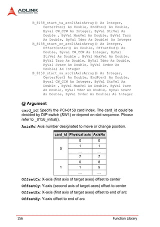 B_8158_start_ta_arc2(AxisArray() As Integer,
             CenterPos() As Double, EndPos() As Double,
             Byval CW_CCW As Integer, ByVal StrVel As
             Double , ByVal MaxVel As Double, ByVal Tacc
             As Double, ByVal Tdec As Double) As Integer
        B_8158_start_sr_arc2(AxisArray() As Integer,
             OffsetCenter() As Double, OffsetEnd() As
             Double, Byval CW_CCW As Integer, ByVal
             StrVel As Double , ByVal MaxVel As Double,
             ByVal Tacc As Double, ByVal Tdec As Double,
             ByVal Svacc As Double, ByVal Svdec As
             Double) As Integer
        B_8158_start_sa_arc2(AxisArray() As Integer,
             CenterPos() As Double, EndPos() As Double,
             Byval CW_CCW As Integer, ByVal StrVel As
             Double , ByVal MaxVel As Double, ByVal Tacc
             As Double, ByVal Tdec As Double, ByVal Svacc
             As Double, ByVal Svdec As Double) As Integer

  @ Argument
  card_id: Specify the PCI-8158 card index. The card_id could be
  decided by DIP switch (SW1) or depend on slot sequence. Please
  refer to _8158_initial().
  AxisNo: Axis number designated to move or change position.

                      card_id Physical axis AxisNo
                                     0           0
                                     1           1
                         0
                                     …          …
                                     7           7
                                     0           8
                         1           1           9
                                     …          …
  OffsetCx: X-axis (first axis of target axes) offset to center
  OffsetCy: Y-axis (second axis of target axes) offset to center
  OffsetEx: X-axis (first axis of target axes) offset to end of arc
  OffsetEy: Y-axis offset to end of arc




156                                                       Function Library
 