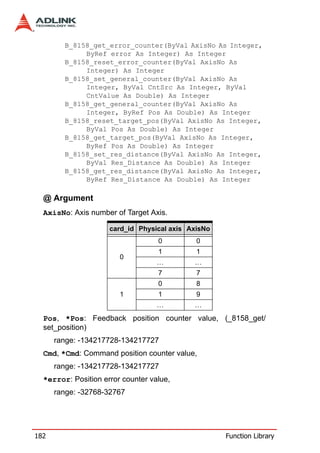 B_8158_get_error_counter(ByVal AxisNo As Integer,
             ByRef error As Integer) As Integer
        B_8158_reset_error_counter(ByVal AxisNo As
             Integer) As Integer
        B_8158_set_general_counter(ByVal AxisNo As
             Integer, ByVal CntSrc As Integer, ByVal
             CntValue As Double) As Integer
        B_8158_get_general_counter(ByVal AxisNo As
             Integer, ByRef Pos As Double) As Integer
        B_8158_reset_target_pos(ByVal AxisNo As Integer,
             ByVal Pos As Double) As Integer
        B_8158_get_target_pos(ByVal AxisNo As Integer,
             ByRef Pos As Double) As Integer
        B_8158_set_res_distance(ByVal AxisNo As Integer,
             ByVal Res_Distance As Double) As Integer
        B_8158_get_res_distance(ByVal AxisNo As Integer,
             ByRef Res_Distance As Double) As Integer

  @ Argument
  AxisNo: Axis number of Target Axis.

                     card_id Physical axis AxisNo
                                   0         0
                                   1         1
                        0
                                   …        …
                                   7         7
                                   0         8
                        1          1         9
                                   …        …
  Pos, *Pos: Feedback position counter value, (_8158_get/
  set_position)
      range: -134217728-134217727
  Cmd, *Cmd: Command position counter value,
      range: -134217728-134217727
  *error: Position error counter value,
      range: -32768-32767




182                                                 Function Library
 