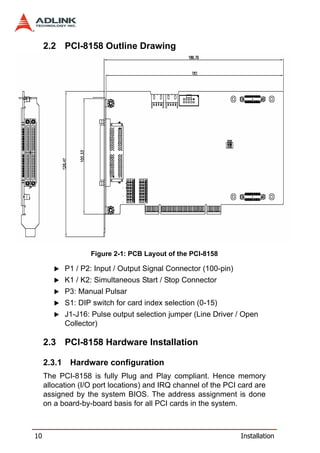 2.2 PCI-8158 Outline Drawing




                    Figure 2-1: PCB Layout of the PCI-8158

             P1 / P2: Input / Output Signal Connector (100-pin)
             K1 / K2: Simultaneous Start / Stop Connector
             P3: Manual Pulsar
             S1: DIP switch for card index selection (0-15)
             J1-J16: Pulse output selection jumper (Line Driver / Open
             Collector)

     2.3 PCI-8158 Hardware Installation

     2.3.1    Hardware configuration
     The PCI-8158 is fully Plug and Play compliant. Hence memory
     allocation (I/O port locations) and IRQ channel of the PCI card are
     assigned by the system BIOS. The address assignment is done
     on a board-by-board basis for all PCI cards in the system.



10                                                                Installation
 