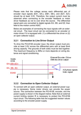 Please note that the voltage across each differential pair of
  encoder input signals (EA+, EA-), (EB+, EB-), and (EZ+, EZ-)
  should be at least 3.5V. Therefore, the output current must be
  observed when connecting to the encoder feedback or motor
  driver feedback as not to over drive the source. The differential
  signal pairs are converted to digital signals EA, EB, and EZ; then
  feed to the motion control ASIC.
  Below are examples of connecting the input signals with an exter-
  nal circuit. The input circuit can be connected to an encoder or
  motor driver if it is equipped with: (1) a differential line driver or (2)
  an open collector output.

  3.2.1    Connection to Line Driver Output
  To drive the PCI-8158 encoder input, the driver output must pro-
  vide at least 3.5V across the differential pairs with at least 8mA
  driving capacity. The grounds of both sides must be tied together.
  The maximum frequency is 4Mhz or more depends on wiring dis-
  tance and signal conditioning.




  3.2.2    Connection to Open Collector Output
  To connect with an open collector output, an external power sup-
  ply is necessary. Some motor drivers can provide the power
  source. The connection between the PCI-8158, encoder, and the
  power supply is shown in the diagram below. Note that an external
  current limiting resistor R is necessary to protect the PCI-8158
  input circuit. The following table lists the suggested resistor values
  according to the encoder power supply.




Signal Connections                                                             25
 