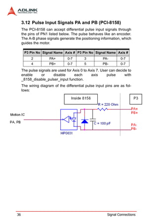 3.12 Pulse Input Signals PA and PB (PCI-8158)
     The PCI-8158 can accept differential pulse input signals through
     the pins of PN1 listed below. The pulse behaves like an encoder.
     The A-B phase signals generate the positioning information, which
     guides the motor.

      P3 Pin No Signal Name Axis # P3 Pin No Signal Name Axis #
           2          PA+        0-7       3          PA-        0-7
           4          PB+        0-7       5          PB-        0-7
     The pulse signals are used for Axis 0 to Axis 7. User can decide to
     enable      or     disable      each       axis     pulse      with
     _8158_disable_pulser_input function.
     The wiring diagram of the differential pulse input pins are as fol-
     lows:




36                                                       Signal Connections
 