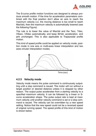 The S-curve profile motion functions are designed to always pro-
  duce smooth motion. If the time for acceleration parameters com-
  bined with the final position don’t allow an axis to reach the
  maximum velocity (i.e. the moving distance is too small to reach
  MaxVel), then the maximum velocity is automatically lowered (see
  the following Figure).
  The rule is to lower the value of MaxVel and the Tacc, Tdec,
  VSacc, VSdec automatically, and keep StrVel, acceleration, and
  jerk unchanged. This is also applicable to Trapezoidal profile
  motion.
  This kind of speed profile could be applied on velocity mode, posi-
  tion mode in one axis or multi-axes linear interpolation and two
  axes circular interpolation modes.




  4.2.5   Velocity mode
  Velocity mode means the pulse command is continuously output-
  ting until a stop command is issued. The motor will run without a
  target position or desired distance unless it is stopped by other
  reason. The output pulse accelerates from a starting velocity to a
  specified maximum velocity. It can be followed by a linear or S-
  curve acceleration shape. The pulse output rate is kept at maxi-
  mum velocity until another velocity command is set or a stop com-
  mand is issued. The velocity can be overridden by a new speed
  setting. Notice that the new speed could not be a reversed speed
  of original running speed. The speed profile of this kind of motion
  is shown below:




Operation Theory                                                        49
 