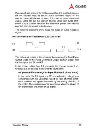 If you don’t use encoder for motion controller, the feedback source
  for this counter must be set as pulse command output or the
  counter value will always be zero. If it is set as pulse command
  output, users can get the position counter value from pulse com-
  mand output counter because the feedback pulses are internal
  counted from command output pulses.
  The following diagrams show these two types of pulse feedback
  signal.




  The pattern of pulses in this mode is the same as the Dual Pulse
  Output Mode in the Pulse Command Output section except that
  the input pins are EA and EB.
  In this mode, pulses from EA pin cause the counter to count up,
  whereas EB pin caused the counter to count down.
     90° phase difference signals Input Mode (AB phase Mode)
     In this mode, the EA signal is a 90° phase leading or lagging in
     comparison with the EB signal. “Lead” or “lag” of phase differ-
     ence between two signals is caused by the turning direction of
     the motor. The up/down counter counts up when the phase of
     EA signal leads the phase of EB signal.




Operation Theory                                                        69
 
