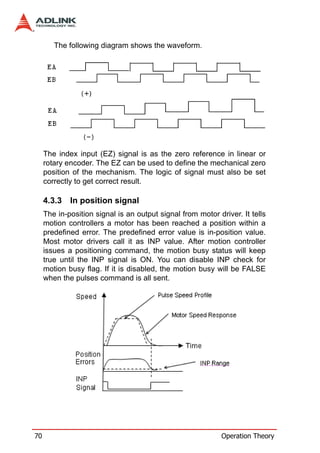 The following diagram shows the waveform.




     The index input (EZ) signal is as the zero reference in linear or
     rotary encoder. The EZ can be used to define the mechanical zero
     position of the mechanism. The logic of signal must also be set
     correctly to get correct result.

     4.3.3   In position signal
     The in-position signal is an output signal from motor driver. It tells
     motion controllers a motor has been reached a position within a
     predefined error. The predefined error value is in-position value.
     Most motor drivers call it as INP value. After motion controller
     issues a positioning command, the motion busy status will keep
     true until the INP signal is ON. You can disable INP check for
     motion busy flag. If it is disabled, the motion busy will be FALSE
     when the pulses command is all sent.




70                                                           Operation Theory
 