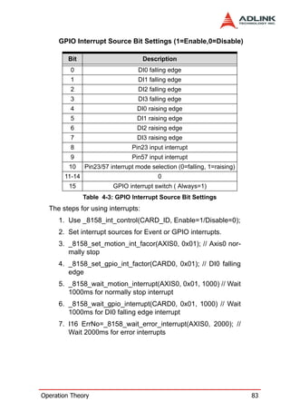 GPIO Interrupt Source Bit Settings (1=Enable,0=Disable)

         Bit                        Description
         0                        DI0 falling edge
         1                        DI1 falling edge
         2                        DI2 falling edge
         3                        DI3 falling edge
         4                        DI0 raising edge
         5                        DI1 raising edge
         6                        DI2 raising edge
         7                        DI3 raising edge
         8                      Pin23 input interrupt
         9                      Pin57 input interrupt
         10    Pin23/57 interrupt mode selection (0=falling, 1=raising)
       11-14                              0
         15              GPIO interrupt switch ( Always=1)
               Table 4-3: GPIO Interrupt Source Bit Settings
  The steps for using interrupts:
     1. Use _8158_int_control(CARD_ID, Enable=1/Disable=0);
     2. Set interrupt sources for Event or GPIO interrupts.
     3. _8158_set_motion_int_facor(AXIS0, 0x01); // Axis0 nor-
        mally stop
     4. _8158_set_gpio_int_factor(CARD0, 0x01); // DI0 falling
        edge
     5. _8158_wait_motion_interrupt(AXIS0, 0x01, 1000) // Wait
        1000ms for normally stop interrupt
     6. _8158_wait_gpio_interrupt(CARD0, 0x01, 1000) // Wait
        1000ms for DI0 falling edge interrupt
     7. I16 ErrNo=_8158_wait_error_interrupt(AXIS0, 2000); //
        Wait 2000ms for error interrupts




Operation Theory                                                          83
 