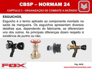 www.foxtreinamentos.com
ESGUICHOS.
Esguicho é o termo aplicado ao componente montado na
saída da mangueira. Os esguichos apresentam diversos
detalhes que, dependendo do fabricante, se diferenciam
uns dos outros. As principais diferenças dizem respeito à
existência de punho ou não.
Pág. 38/39
CBSP – NORMAM 24
CAPÍTULO 3 - ORGANIZAÇÃO DE COMBATE A INCÊNDIO
 