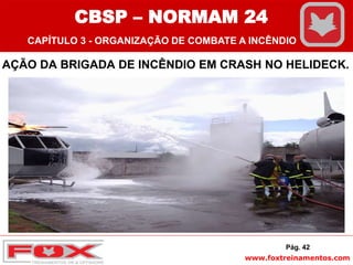 www.foxtreinamentos.com
AÇÃO DA BRIGADA DE INCÊNDIO EM CRASH NO HELIDECK.
Pág. 42
CBSP – NORMAM 24
CAPÍTULO 3 - ORGANIZAÇÃO DE COMBATE A INCÊNDIO
 