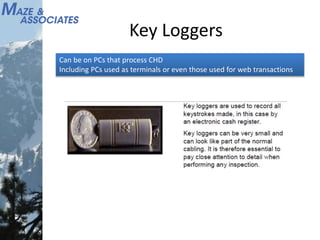 Key Loggers
Can be on PCs that process CHD
Including PCs used as terminals or even those used for web transactions
 