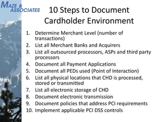 10 Steps to Document
Cardholder Environment
1. Determine Merchant Level (number of
transactions)
2. List all Merchant Banks and Acquirers
3. List all outsourced processors, ASPs and third party
processors
4. Document all Payment Applications
5. Document all PEDs used (Point of Interaction)
6. List all physical locations that CHD is processed,
stored or transmitted
7. List all electronic storage of CHD
8. Document electronic transmission
9. Document policies that address PCI requirements
10. Implement applicable PCI DSS controls
 