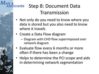 Step 8: Document Data
Transmission
• Not only do you need to know where you
data is stored but you also need to know
where it travels
• Create a Data Flow diagram
– Diagram with CHD flow superimposed over
network diagram
• Evaluate flow every 6 months or more
often if there has been a change
• Helps to determine the PCI scope and aids
in determining network segmentation
 