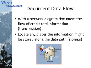 Document Data Flow
• With a network diagram document the
flow of credit card information
(transmission)
• Locate any places the information might
be stored along the data path (storage)
 