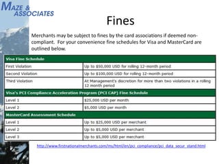 Fines
Merchants may be subject to fines by the card associations if deemed non-
compliant. For your convenience fine schedules for Visa and MasterCard are
outlined below.
http://www.firstnationalmerchants.com/ms/html/en/pci_compliance/pci_data_secur_stand.html
 