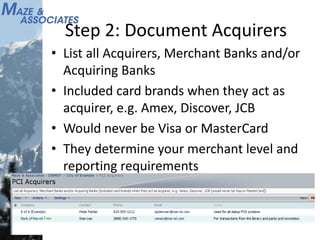 Step 2: Document Acquirers
• List all Acquirers, Merchant Banks and/or
Acquiring Banks
• Included card brands when they act as
acquirer, e.g. Amex, Discover, JCB
• Would never be Visa or MasterCard
• They determine your merchant level and
reporting requirements
 