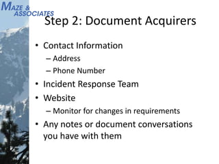 Step 2: Document Acquirers
• Contact Information
– Address
– Phone Number
• Incident Response Team
• Website
– Monitor for changes in requirements
• Any notes or document conversations
you have with them
 