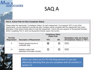 SAQ A
When you select yes for PCI DSS Requirement 12 you are
effectively attesting that you are compliant with all controls in
section 12
 
